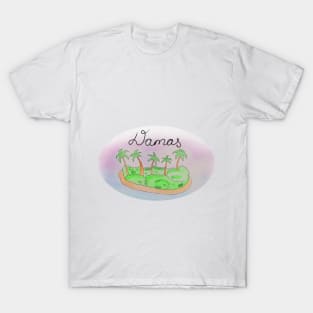 Damas watercolor Island travel, beach, sea and palm trees. Holidays and vacation, summer and relaxation T-Shirt